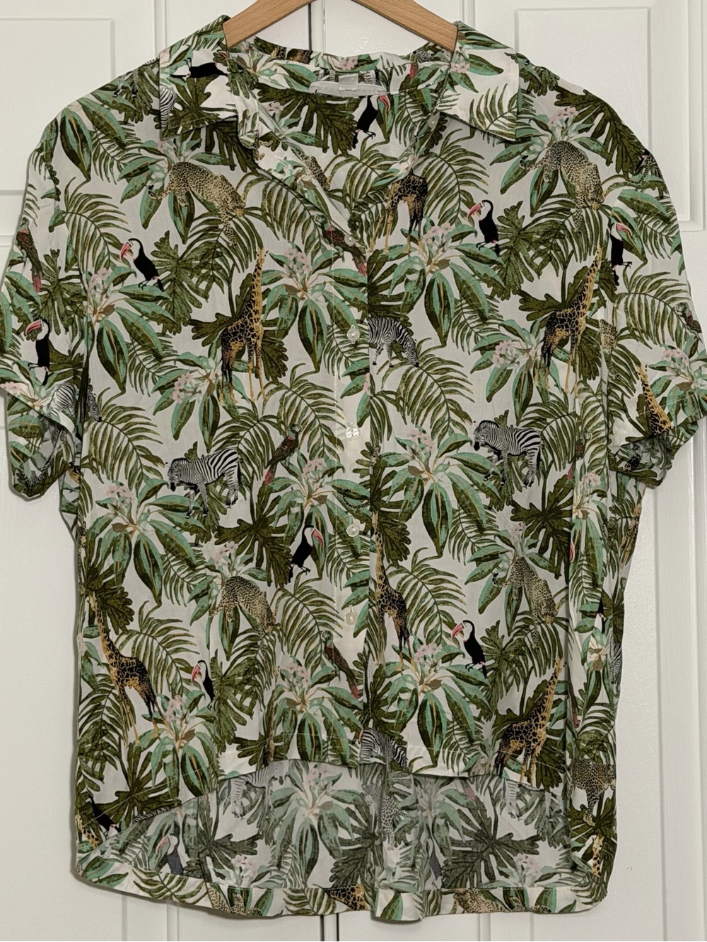 Jane + Delancey Womens L Safari Jungle Button Front Rayon Blouse Zebra Giraffe